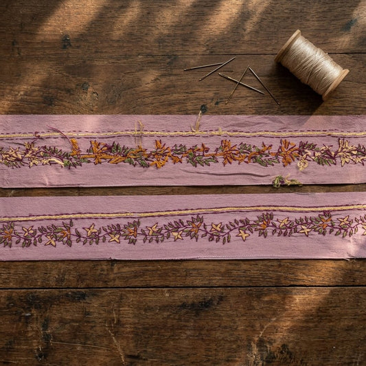 Sanskriti Vintage Lilac Pure Silk 1 YD Sari Border Hand Embroidered Suzani Lace