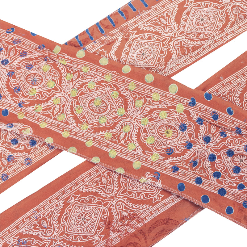 Sanskriti Vintage Sari Border Hand Embroidered Thread 1 YD Craft Trim Peach Lace