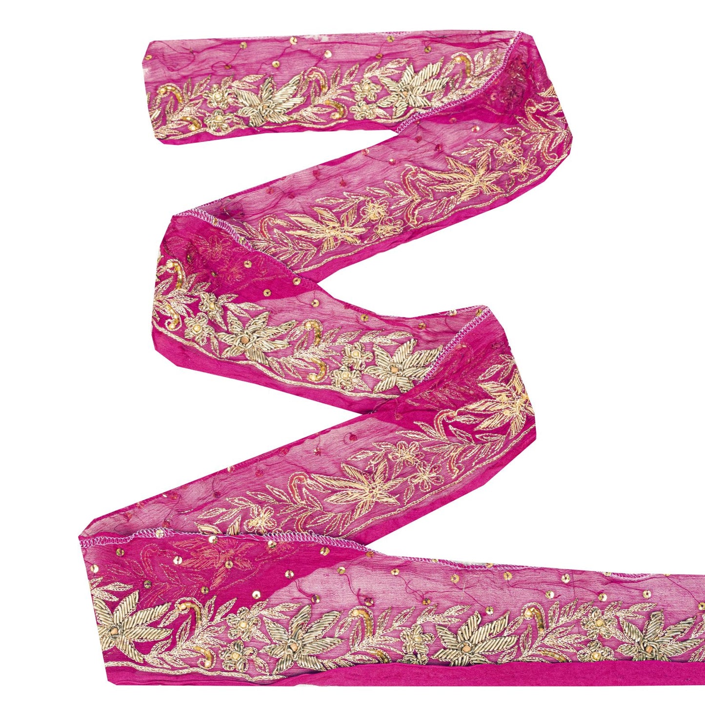 Sanskriti Vintage Pink Pure Chiffon 1 YD Sari Border Hand Embroidered Trim Lace