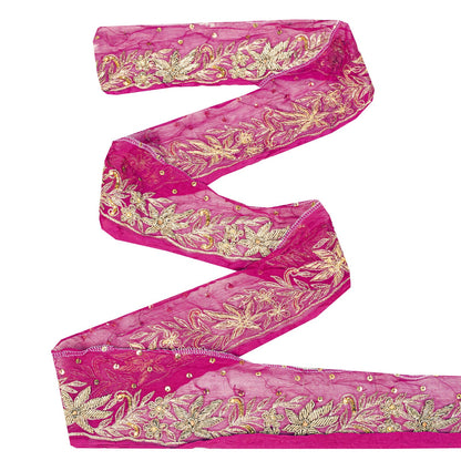 Sanskriti Vintage Pink Pure Chiffon 1 YD Sari Border Hand Embroidered Trim Lace