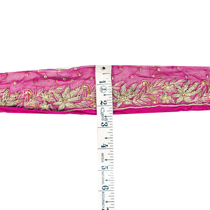Sanskriti Vintage Pink Pure Chiffon 1 YD Sari Border Hand Embroidered Trim Lace