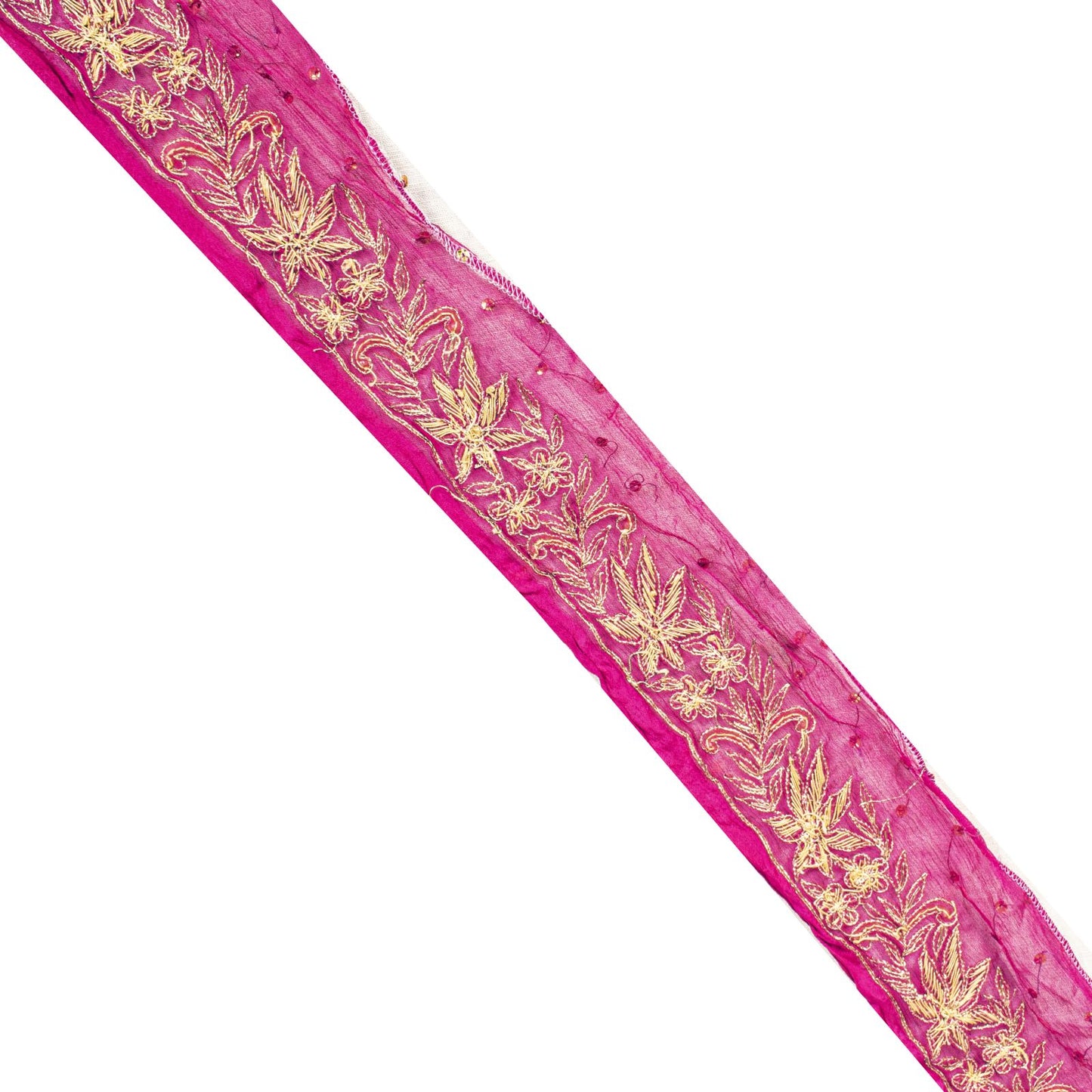Sanskriti Vintage Pink Pure Chiffon 1 YD Sari Border Hand Embroidered Trim Lace