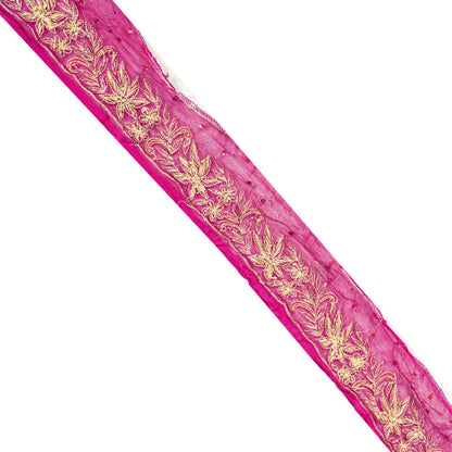 Sanskriti Vintage Pink Pure Chiffon 1 YD Sari Border Hand Embroidered Trim Lace