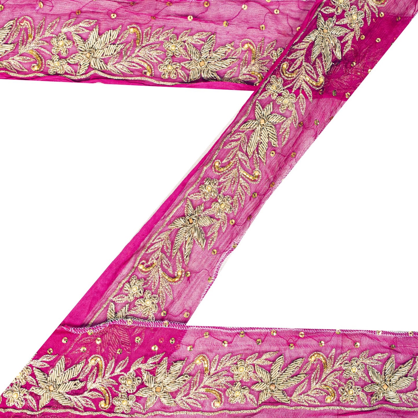 Sanskriti Vintage Pink Pure Chiffon 1 YD Sari Border Hand Embroidered Trim Lace