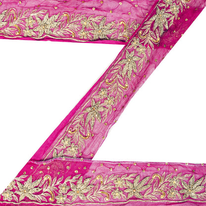 Sanskriti Vintage Pink Pure Chiffon 1 YD Sari Border Hand Embroidered Trim Lace