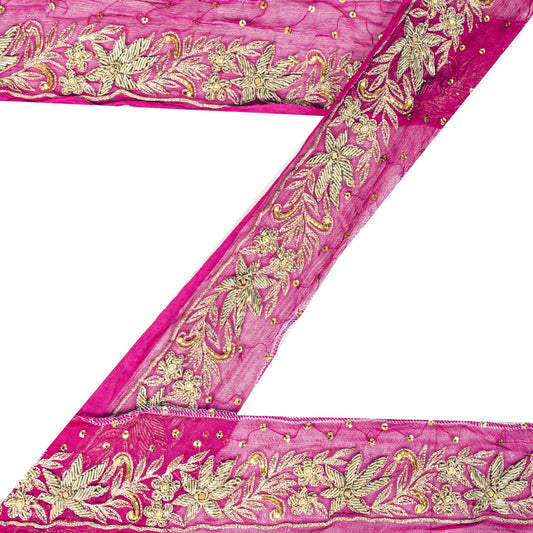 Sanskriti Vintage Pink Pure Chiffon 1 YD Sari Border Hand Embroidered Trim Lace