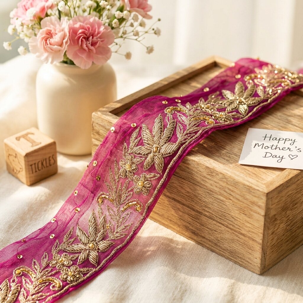 Sanskriti Vintage Pink Pure Chiffon 1 YD Sari Border Hand Embroidered Trim Lace