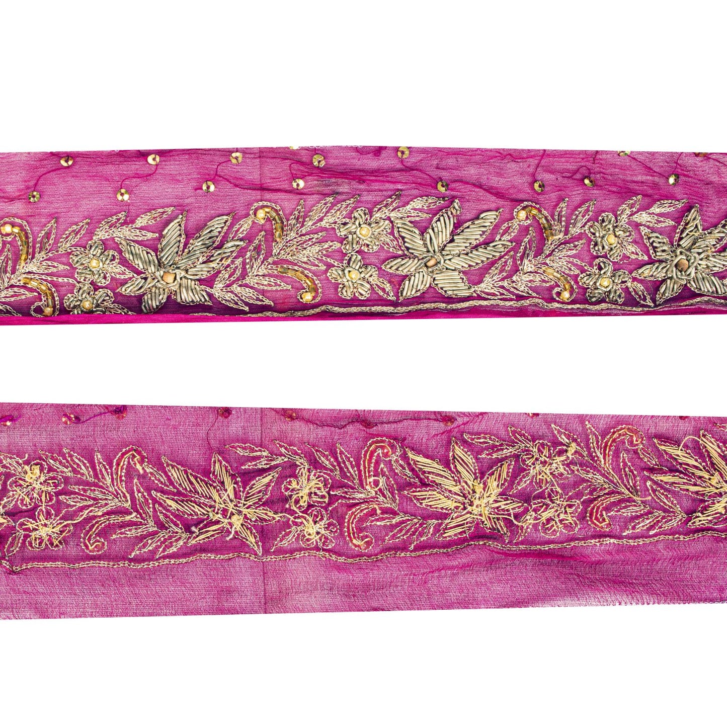 Sanskriti Vintage Pink Pure Chiffon 1 YD Sari Border Hand Embroidered Trim Lace