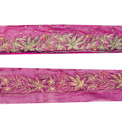 Sanskriti Vintage Pink Pure Chiffon 1 YD Sari Border Hand Embroidered Trim Lace