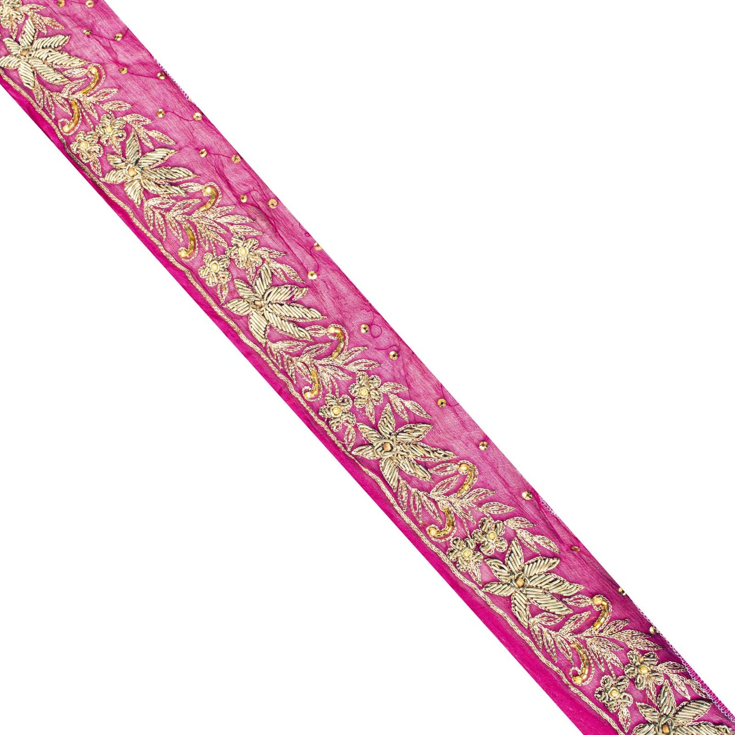 Sanskriti Vintage Pink Pure Chiffon 1 YD Sari Border Hand Embroidered Trim Lace