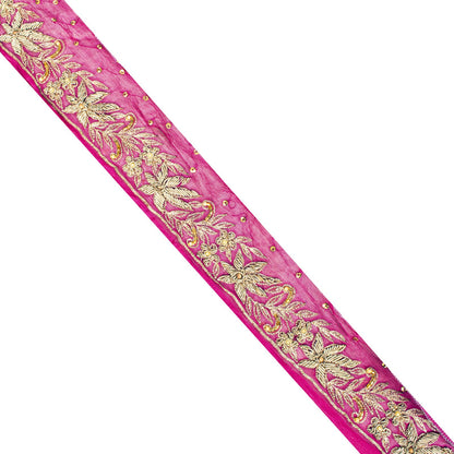 Sanskriti Vintage Pink Pure Chiffon 1 YD Sari Border Hand Embroidered Trim Lace