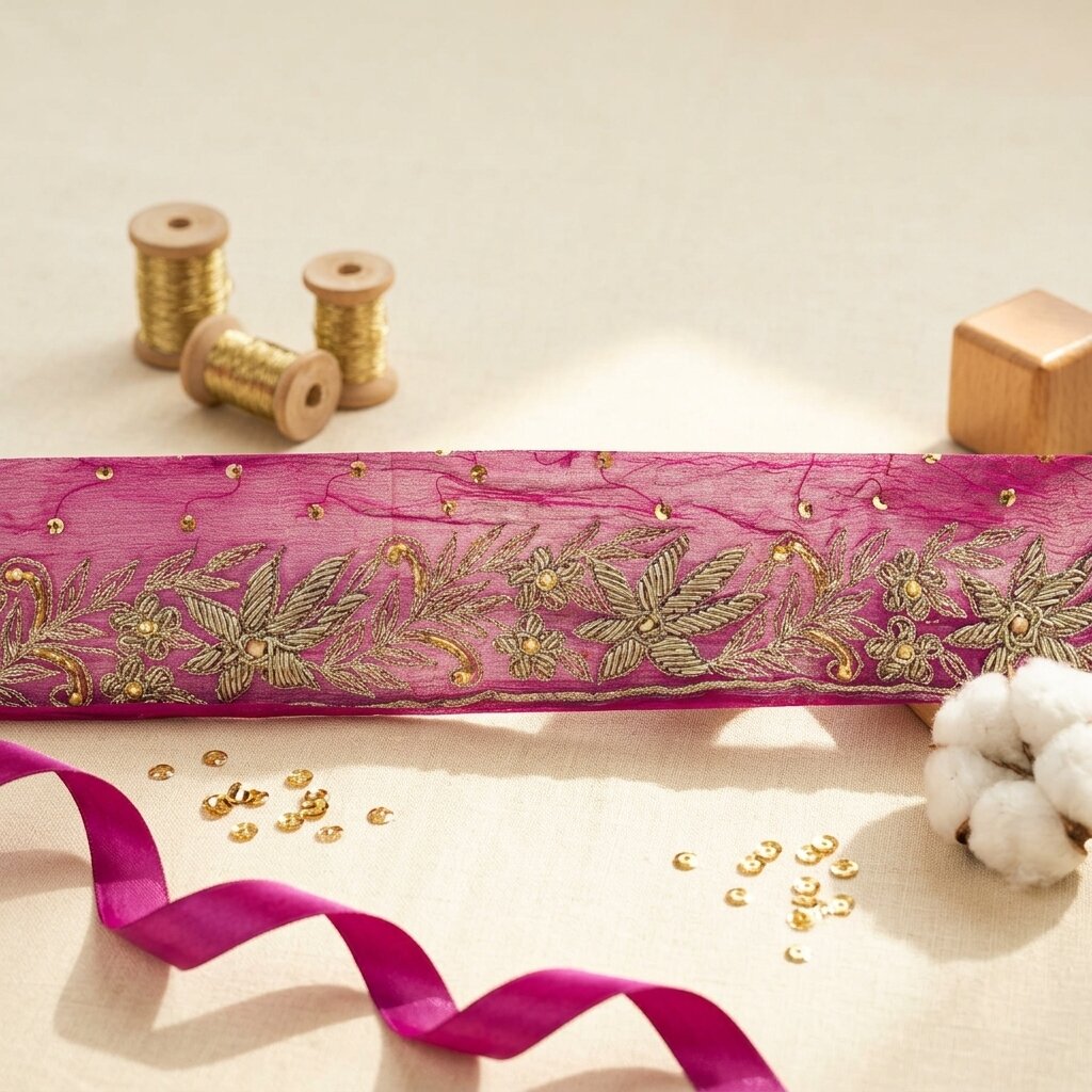 Sanskriti Vintage Pink Pure Chiffon 1 YD Sari Border Hand Embroidered Trim Lace