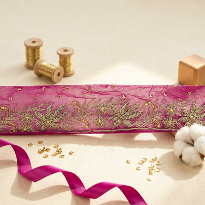 Sanskriti Vintage Pink Pure Chiffon 1 YD Sari Border Hand Embroidered Trim Lace