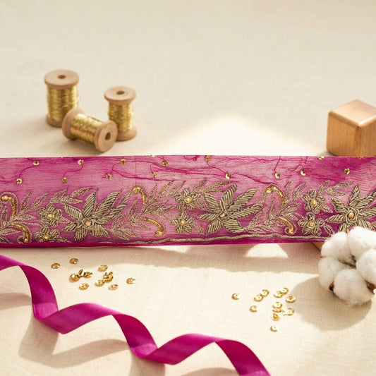 Sanskriti Vintage Pink Pure Chiffon 1 YD Sari Border Hand Embroidered Trim Lace