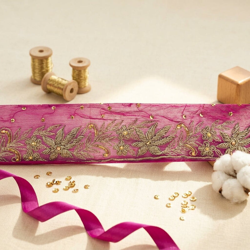 Sanskriti Vintage Pink Pure Chiffon 1 YD Sari Border Hand Embroidered Trim Lace