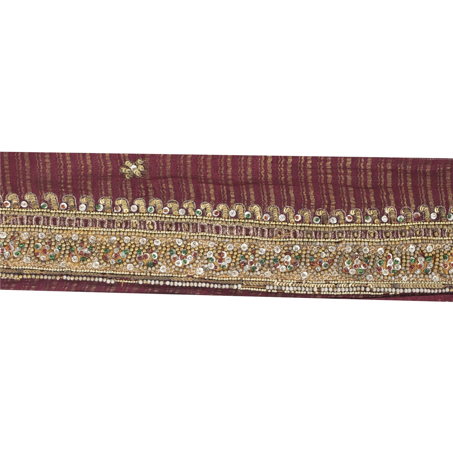 Sanskriti Vintage Sari Border Hand Beaded 1 YD Craft Trim Maroon Pure Silk Lace