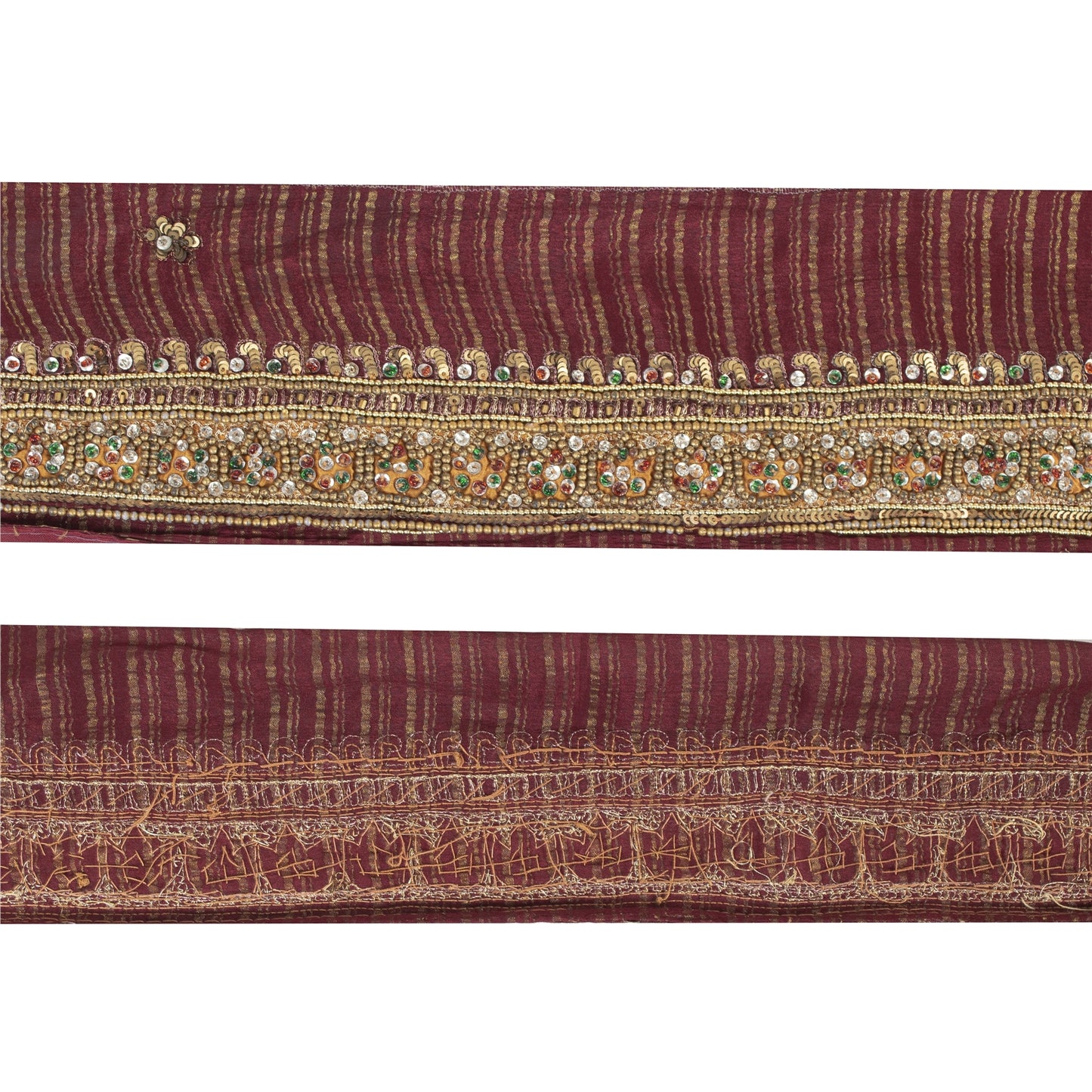 Sanskriti Vintage Sari Border Hand Beaded 1 YD Craft Trim Maroon Pure Silk Lace