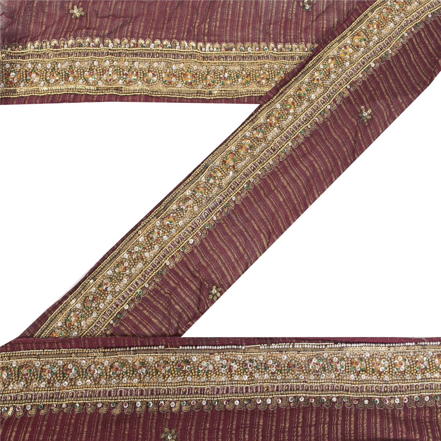 Sanskriti Vintage Sari Border Hand Beaded 1 YD Craft Trim Maroon Pure Silk Lace