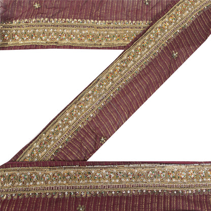 Sanskriti Vintage Sari Border Hand Beaded 1 YD Craft Trim Maroon Pure Silk Lace