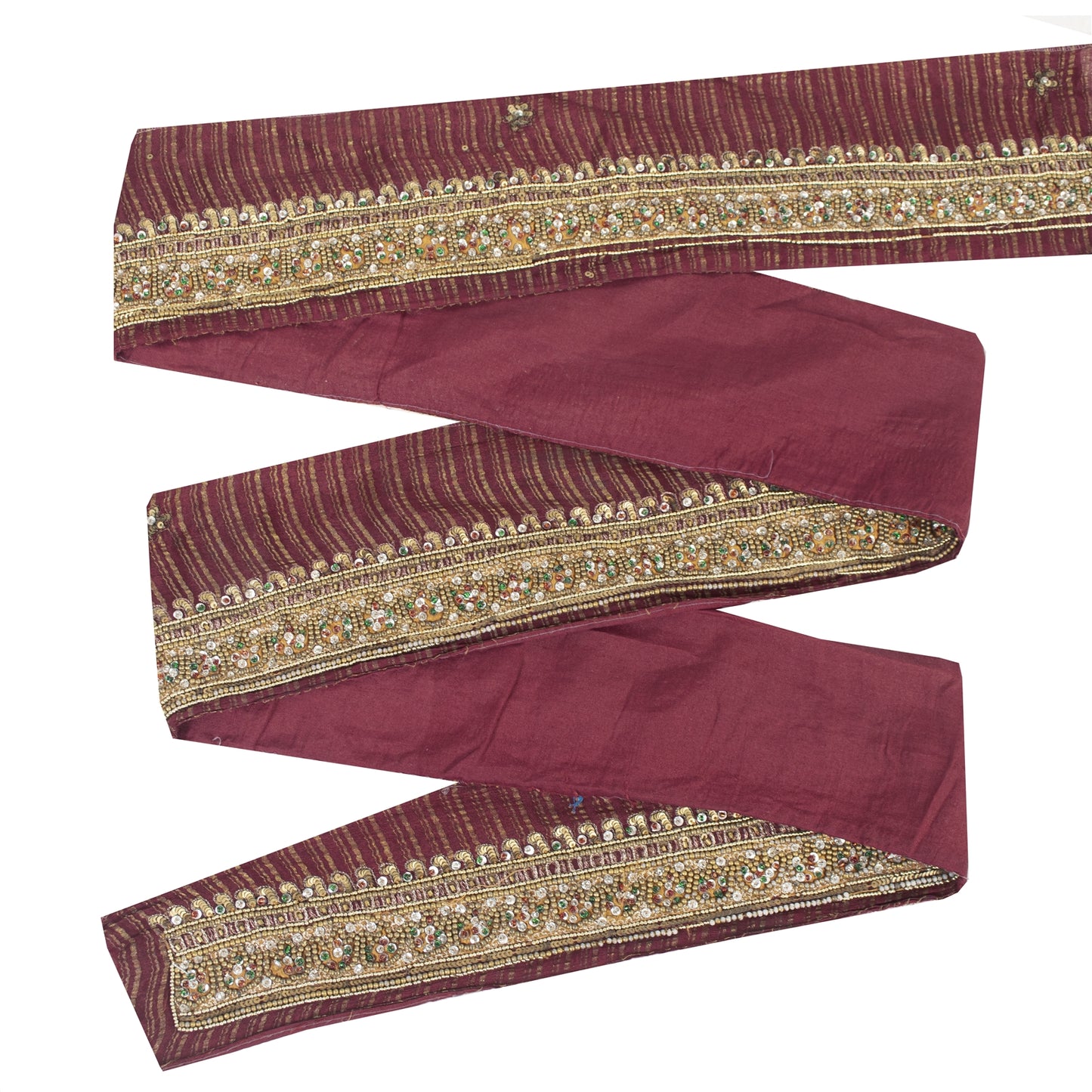 Sanskriti Vintage Sari Border Hand Beaded 1 YD Craft Trim Maroon Pure Silk Lace