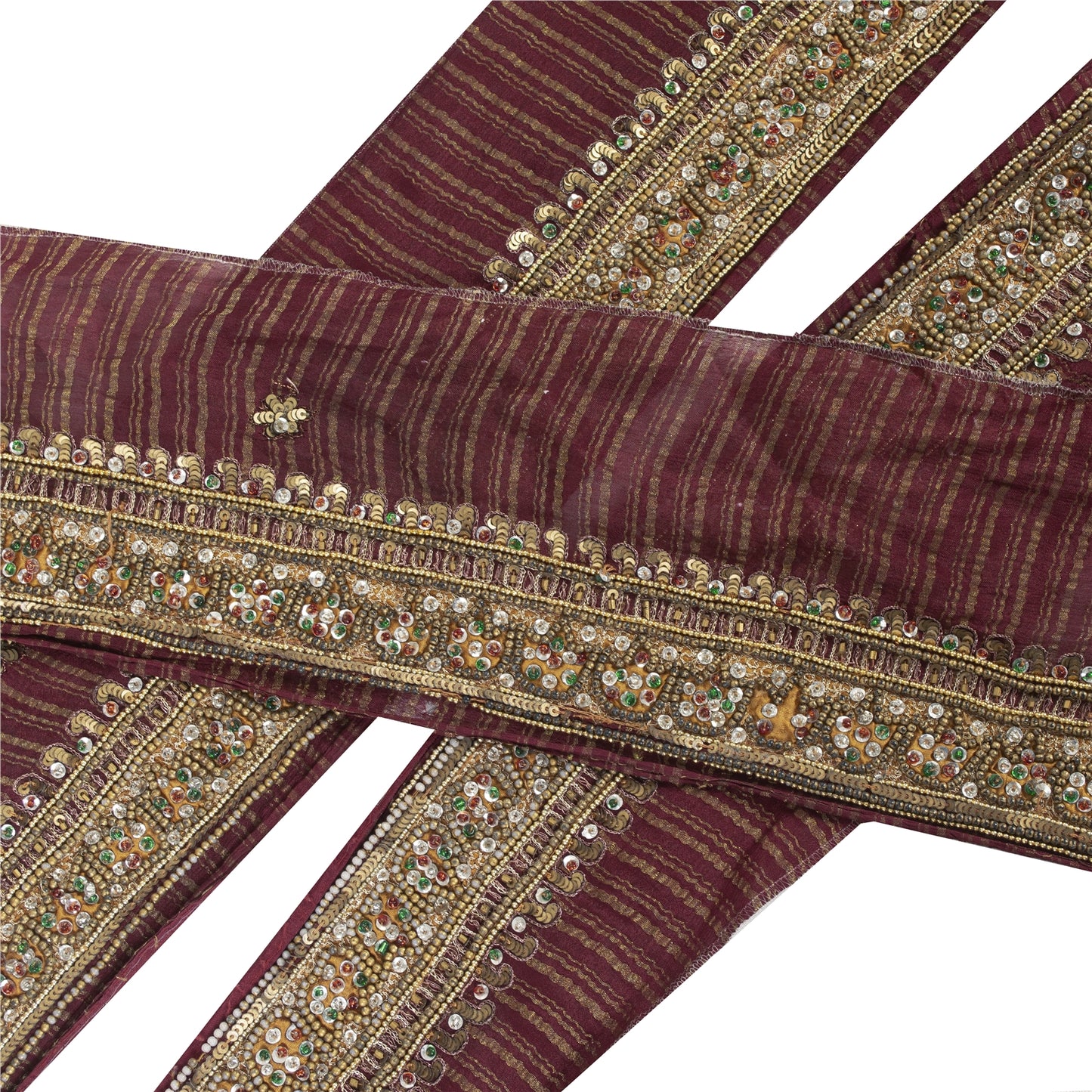 Sanskriti Vintage Sari Border Hand Beaded 1 YD Craft Trim Maroon Pure Silk Lace