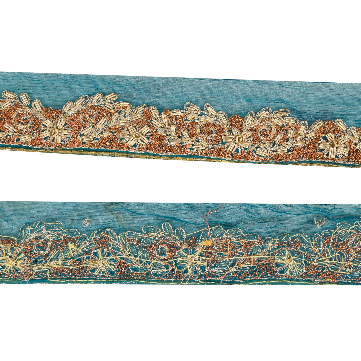 Sanskriti Vintage Craft Trims Lace Saree 1YD Border Blue Hand Beaded Zardozi