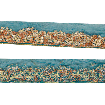 Sanskriti Vintage Craft Trims Lace Saree 1YD Border Blue Hand Beaded Zardozi