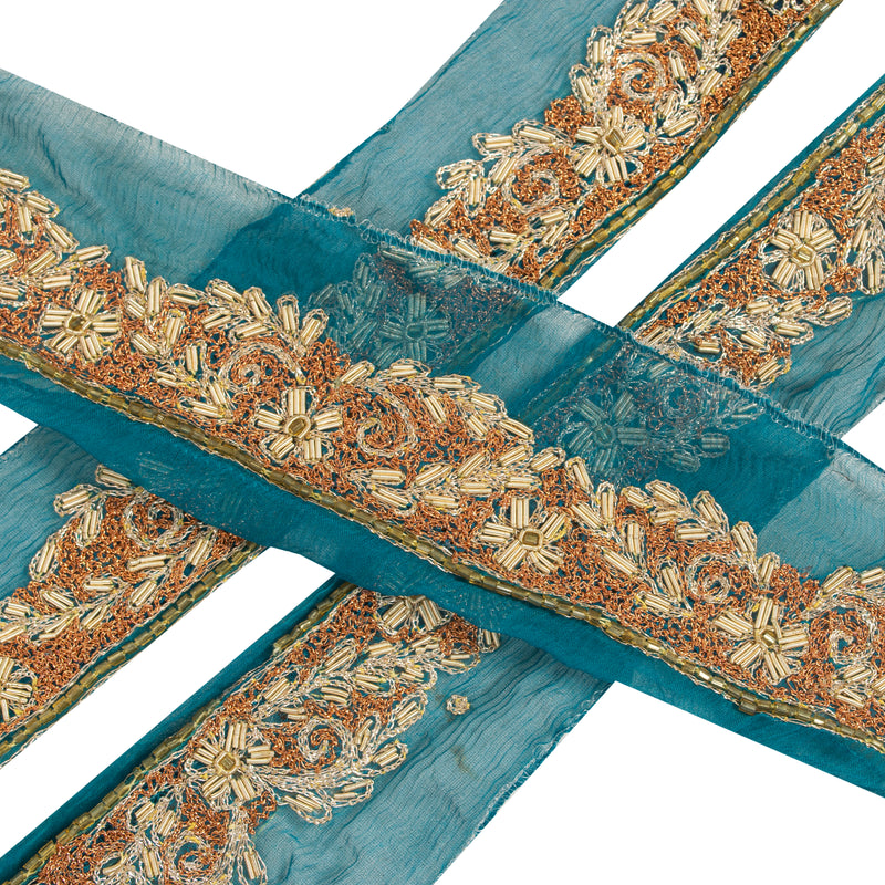 Sanskriti Vintage Craft Trims Lace Saree 1YD Border Blue Hand Beaded Zardozi
