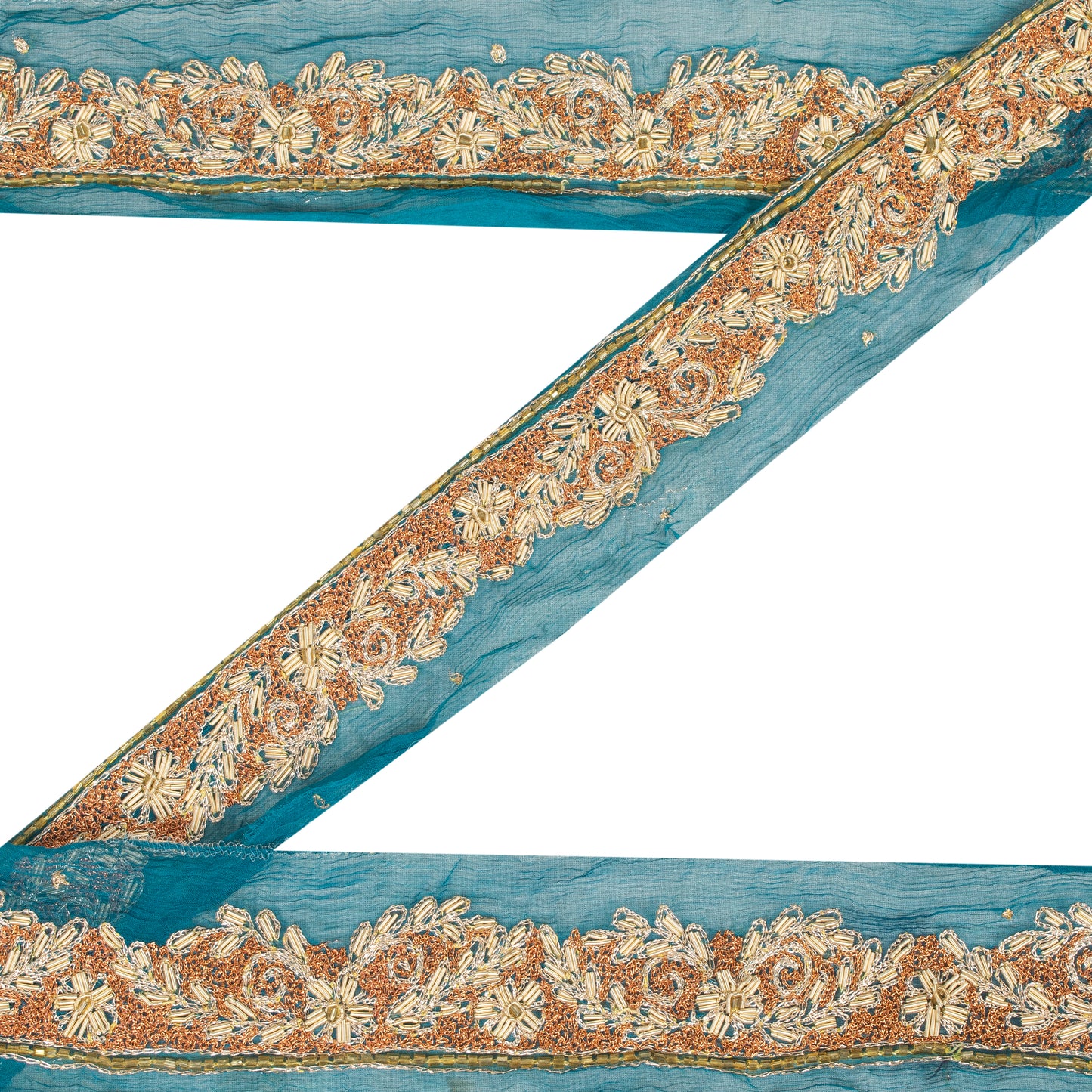 Sanskriti Vintage Craft Trims Lace Saree 1YD Border Blue Hand Beaded Zardozi