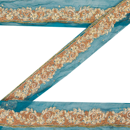 Sanskriti Vintage Craft Trims Lace Saree 1YD Border Blue Hand Beaded Zardozi