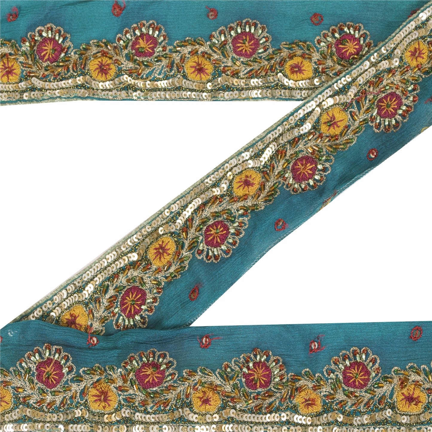 Sanskriti Vintage Sari Border Hand Bead 1 YD Craft Trim Blue Pure Silk 2.2W Lace