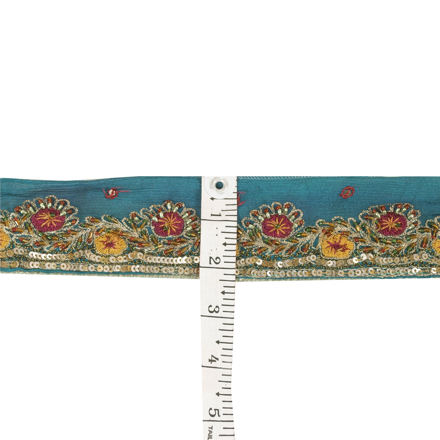 Sanskriti Vintage Sari Border Hand Bead 1 YD Craft Trim Blue Pure Silk 2.2W Lace