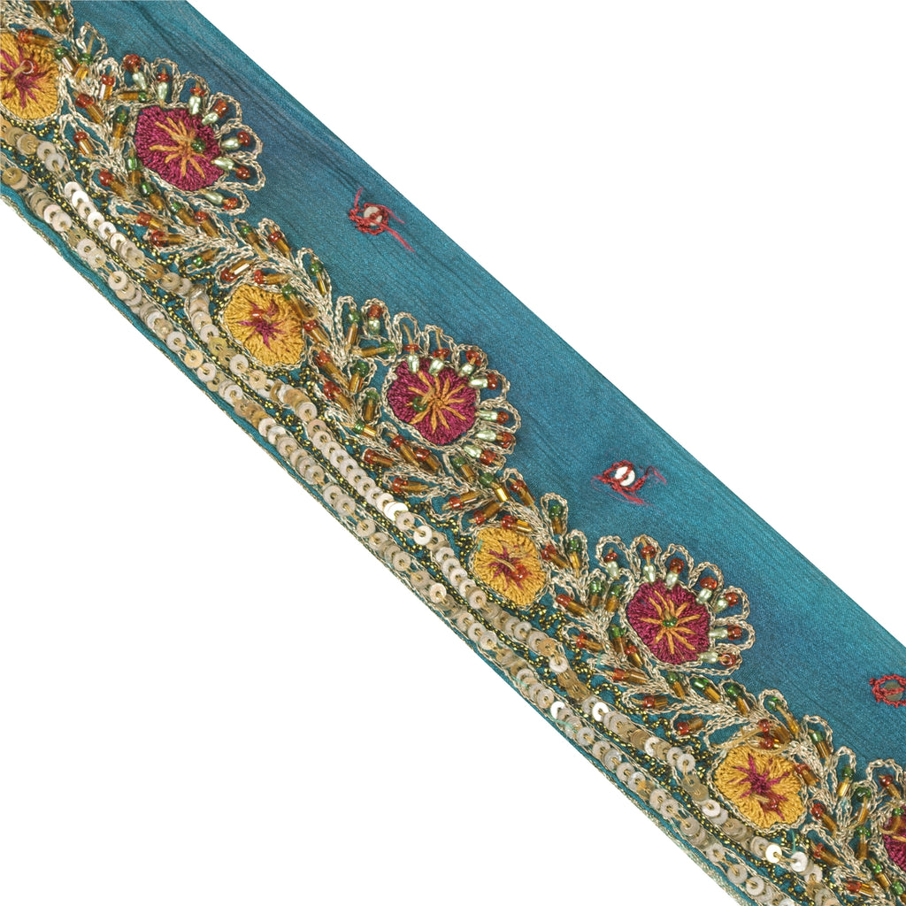 Sanskriti Vintage Sari Border Hand Bead 1 YD Craft Trim Blue Pure Silk 2.2W Lace
