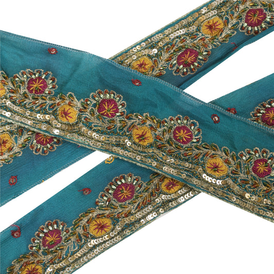 Sanskriti Vintage Sari Border Hand Bead 1 YD Craft Trim Blue Pure Silk 2.2W Lace