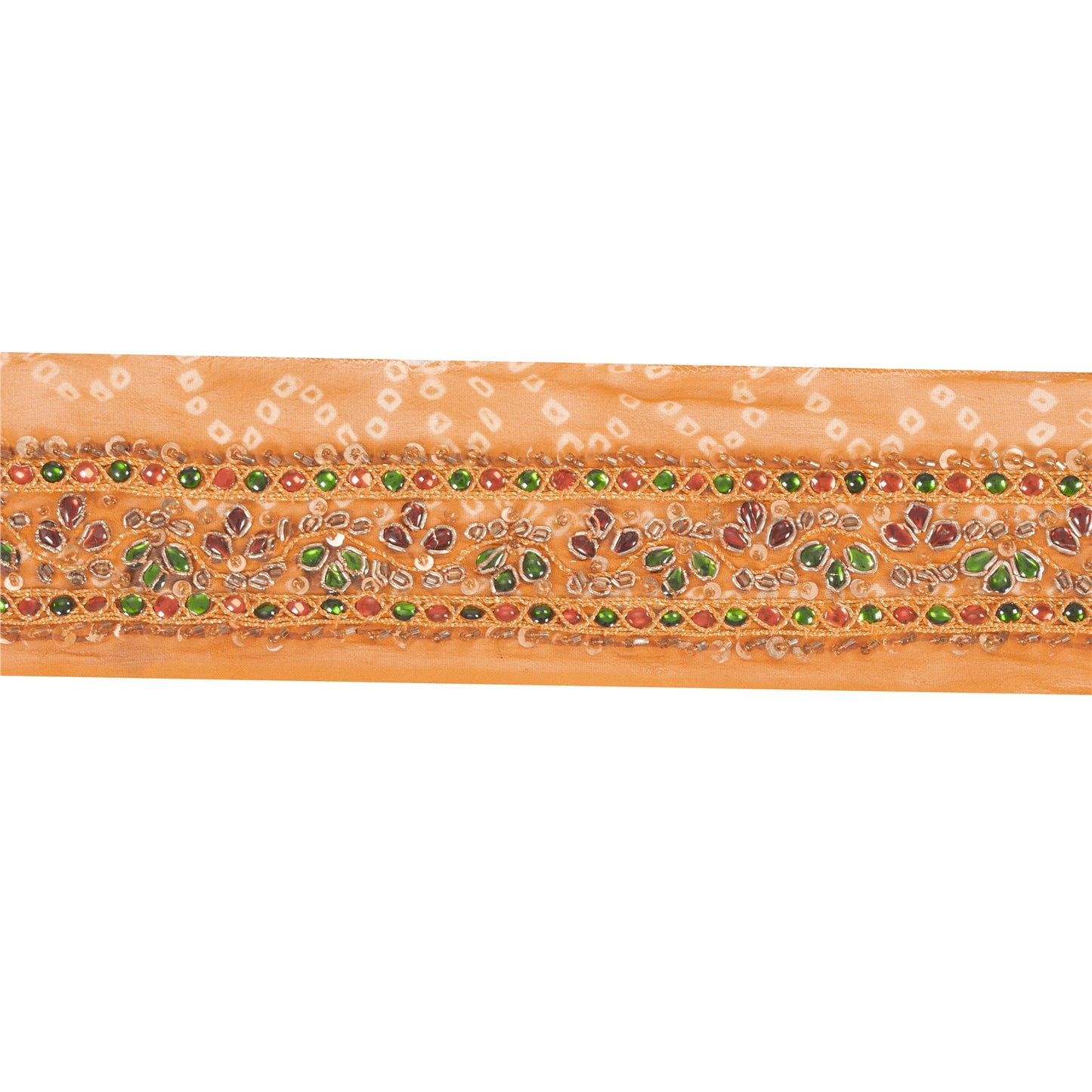 Sanskriti Vintage Saree Border Hand Bead Zari Bandhani 1yd Trims Lace 2W Saffron