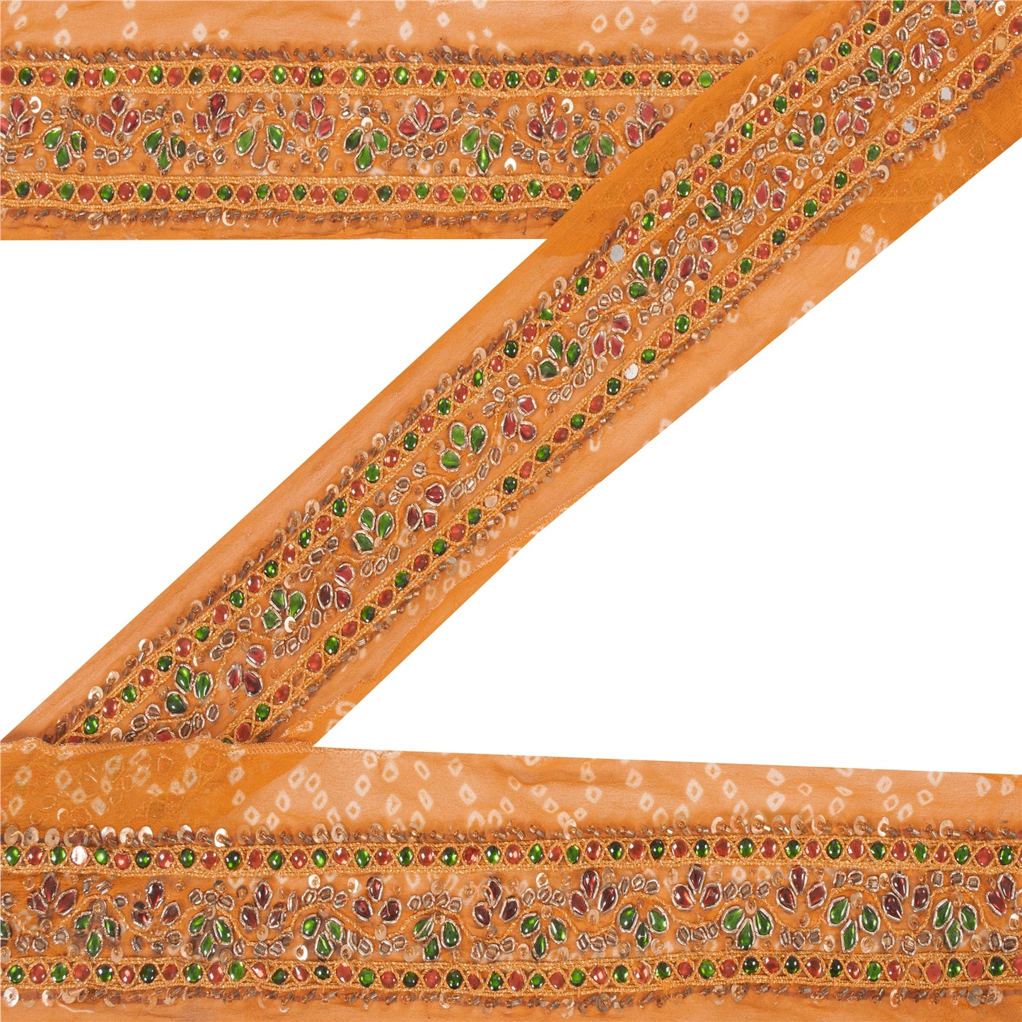 Sanskriti Vintage Saree Border Hand Bead Zari Bandhani 1yd Trims Lace 2W Saffron