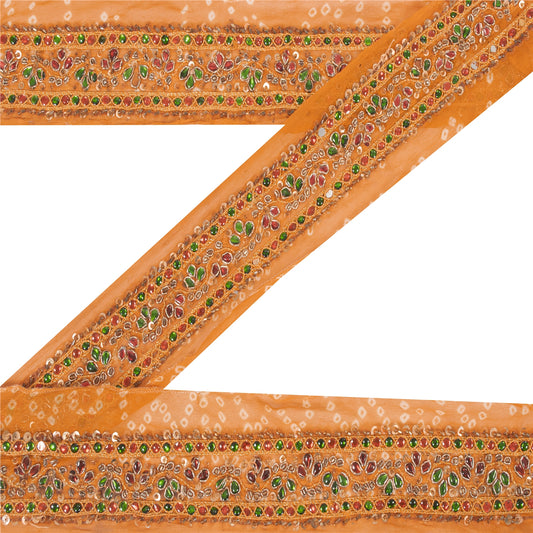 Sanskriti Vintage Saree Border Hand Bead Zari Bandhani 1yd Trims Lace 2W Saffron