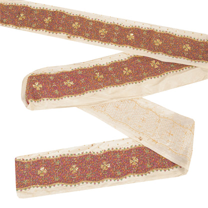Sanskriti Vintage Saree Border Hand Beaded Woven Zardozi 1yd Trims Cream Lace