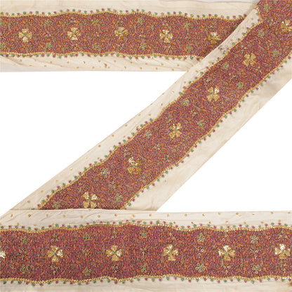 Sanskriti Vintage Saree Border Hand Beaded Woven Zardozi 1yd Trims Cream Lace