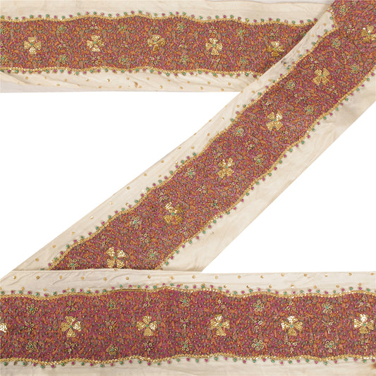 Sanskriti Vintage Saree Border Hand Beaded Woven Zardozi 1yd Trims Cream Lace