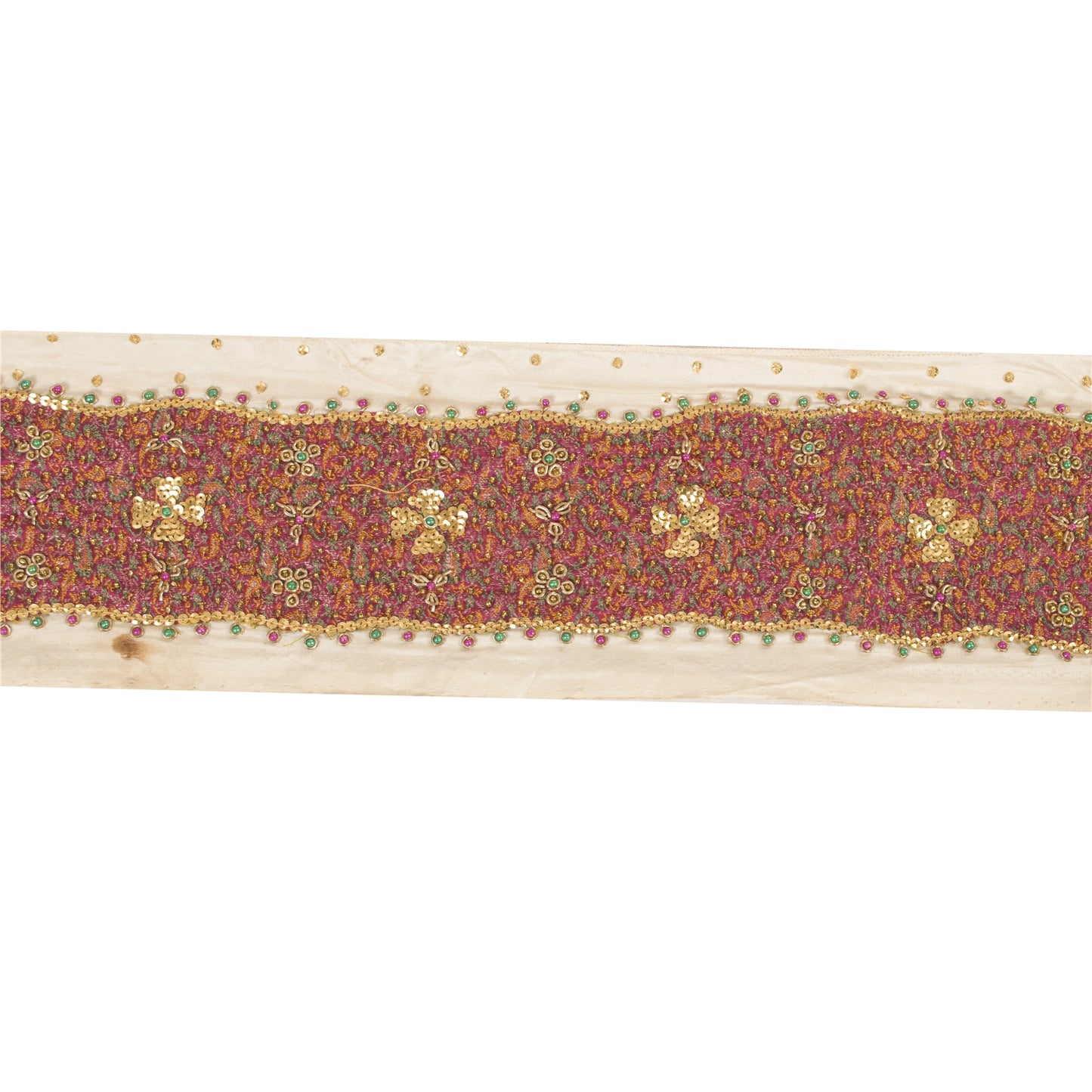 Sanskriti Vintage Saree Border Hand Beaded Woven Zardozi 1yd Trims Cream Lace