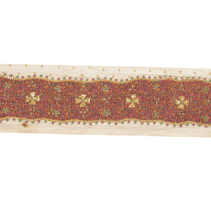Sanskriti Vintage Saree Border Hand Beaded Woven Zardozi 1yd Trims Cream Lace