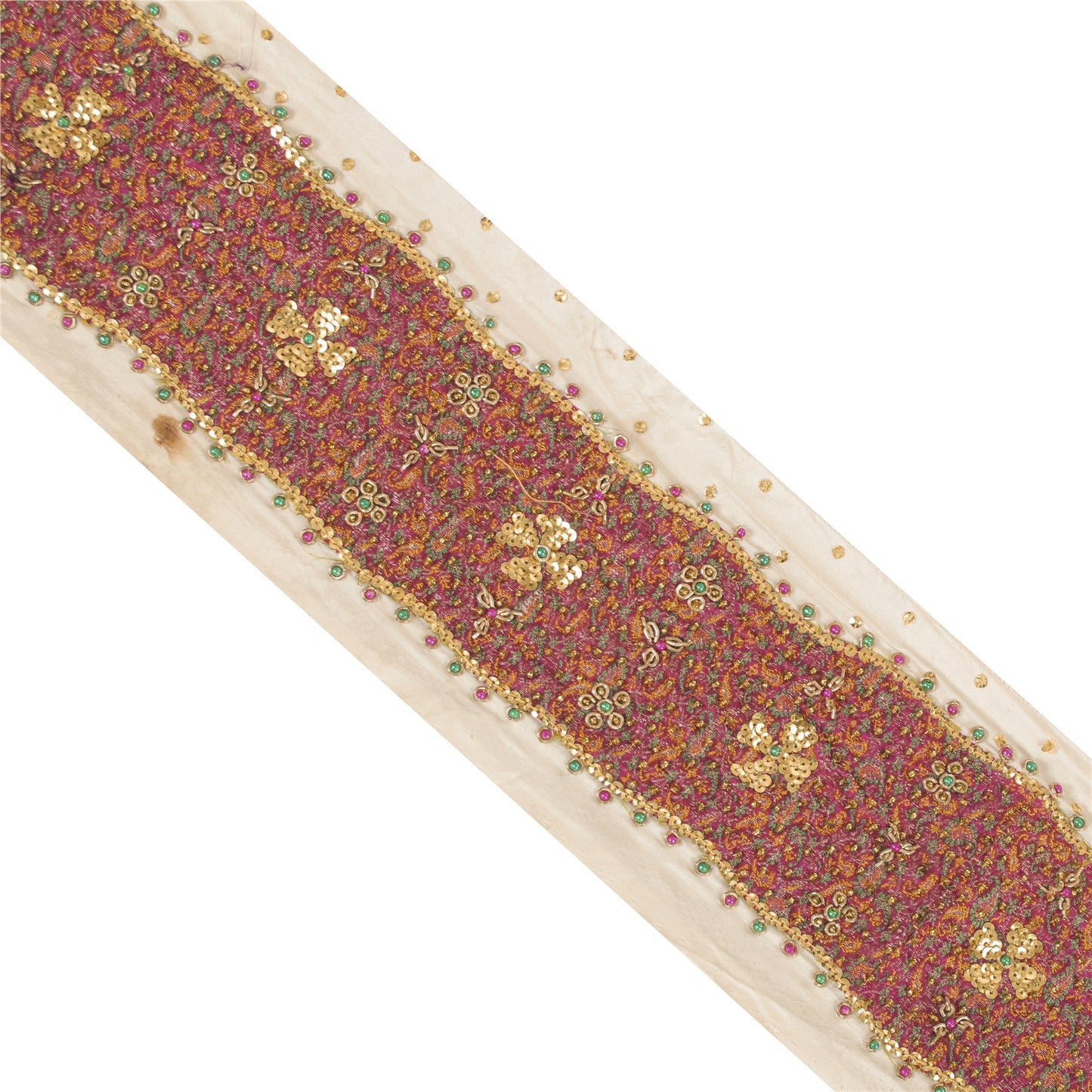 Sanskriti Vintage Saree Border Hand Beaded Woven Zardozi 1yd Trims Cream Lace