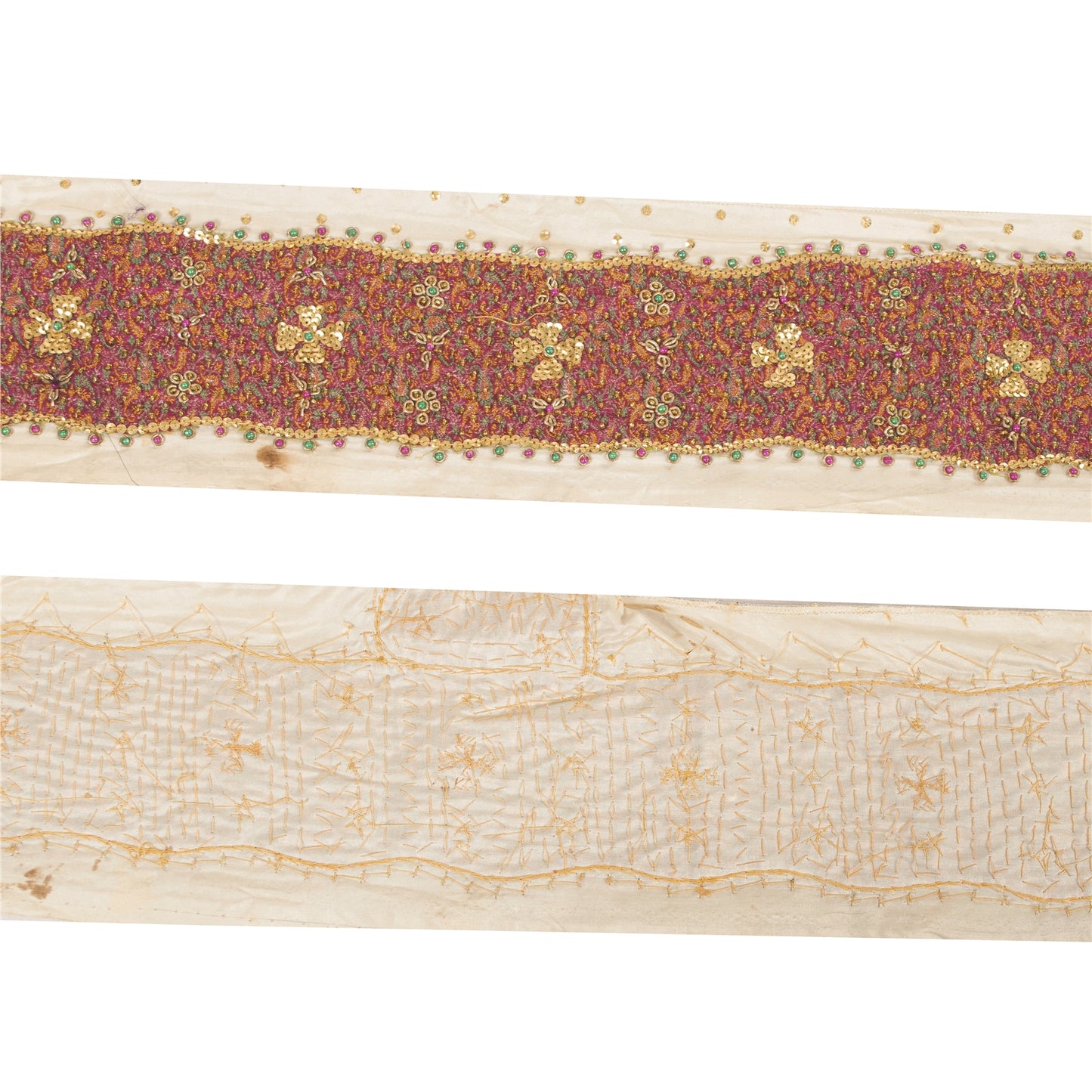 Sanskriti Vintage Saree Border Hand Beaded Woven Zardozi 1yd Trims Cream Lace