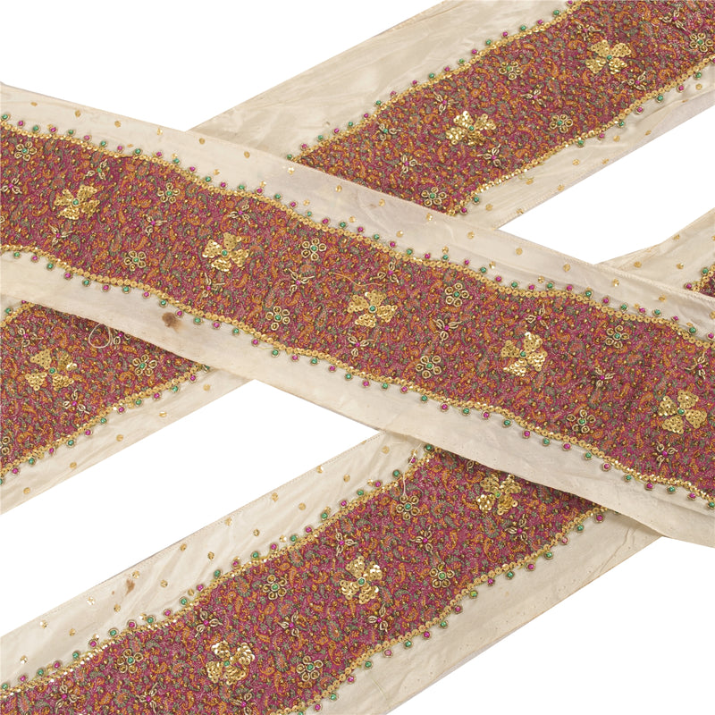 Sanskriti Vintage Saree Border Hand Beaded Woven Zardozi 1yd Trims Cream Lace