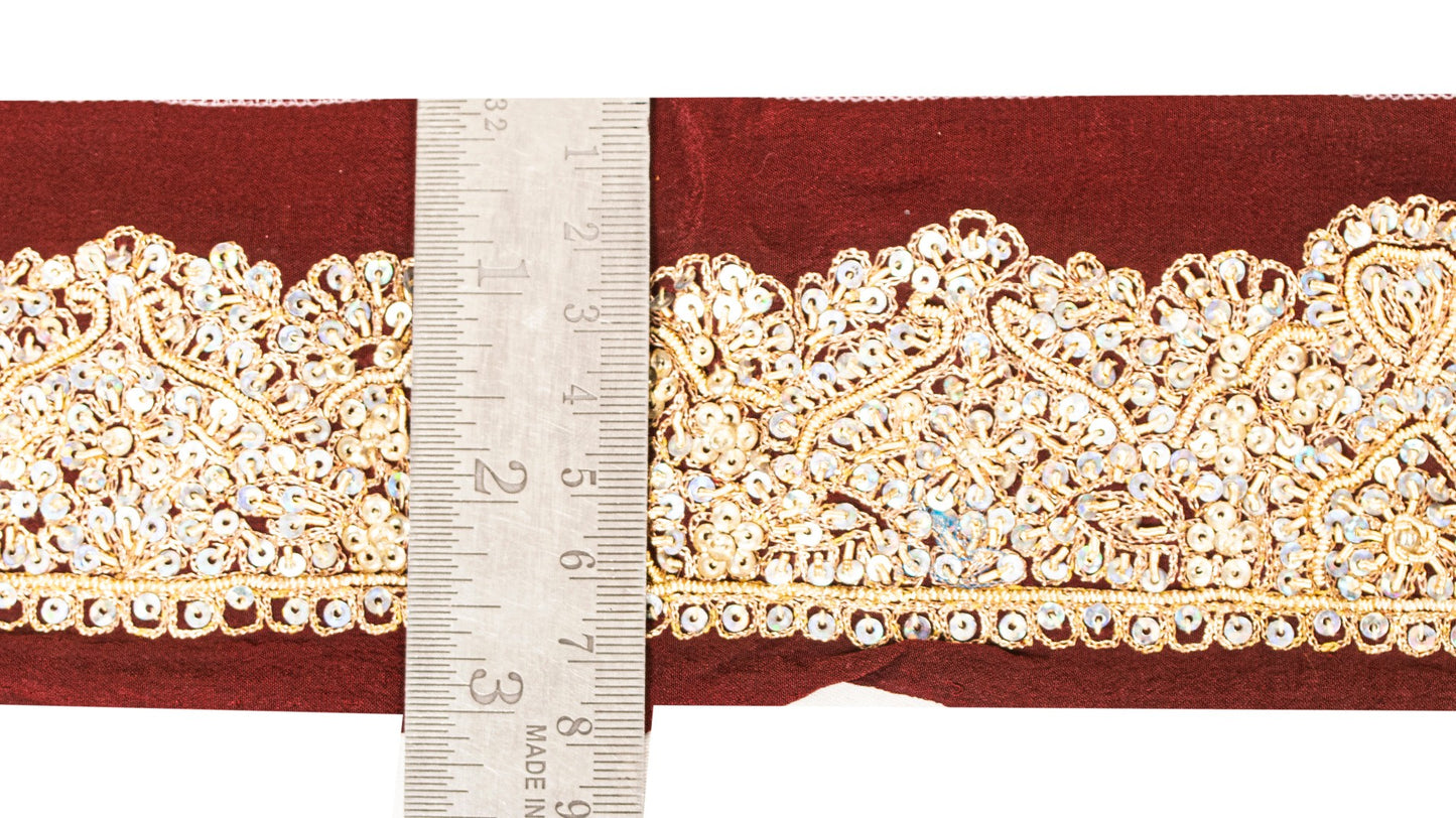 Sanskriti Vintage Saree Border Hand Beaded Craft 1YD Trims Lace 2W Brown