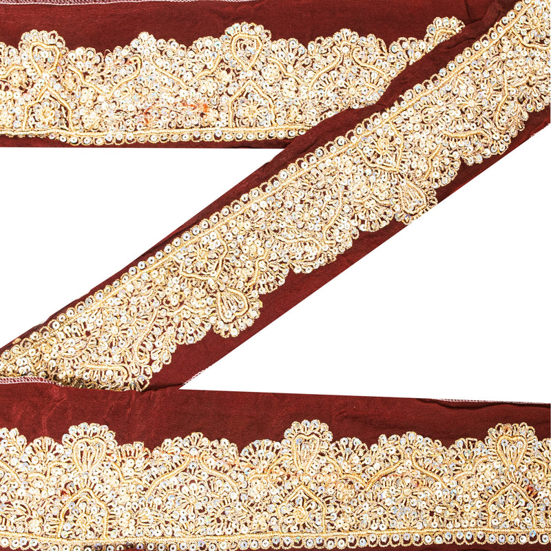 Sanskriti Vintage Saree Border Brown 1Yd 2W Hand Beaded Zari Zardozi Dabka Craft Saree Trims Pure Crepe Silk Lace Ribbon-Embellishment