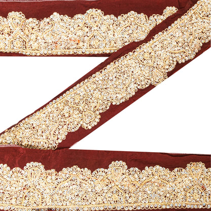 Sanskriti Vintage Saree Border Hand Beaded Craft 1YD Trims Lace 2W Brown
