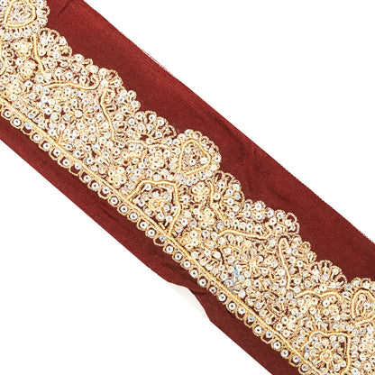 Sanskriti Vintage Saree Border Hand Beaded Craft 1YD Trims Lace 2W Brown