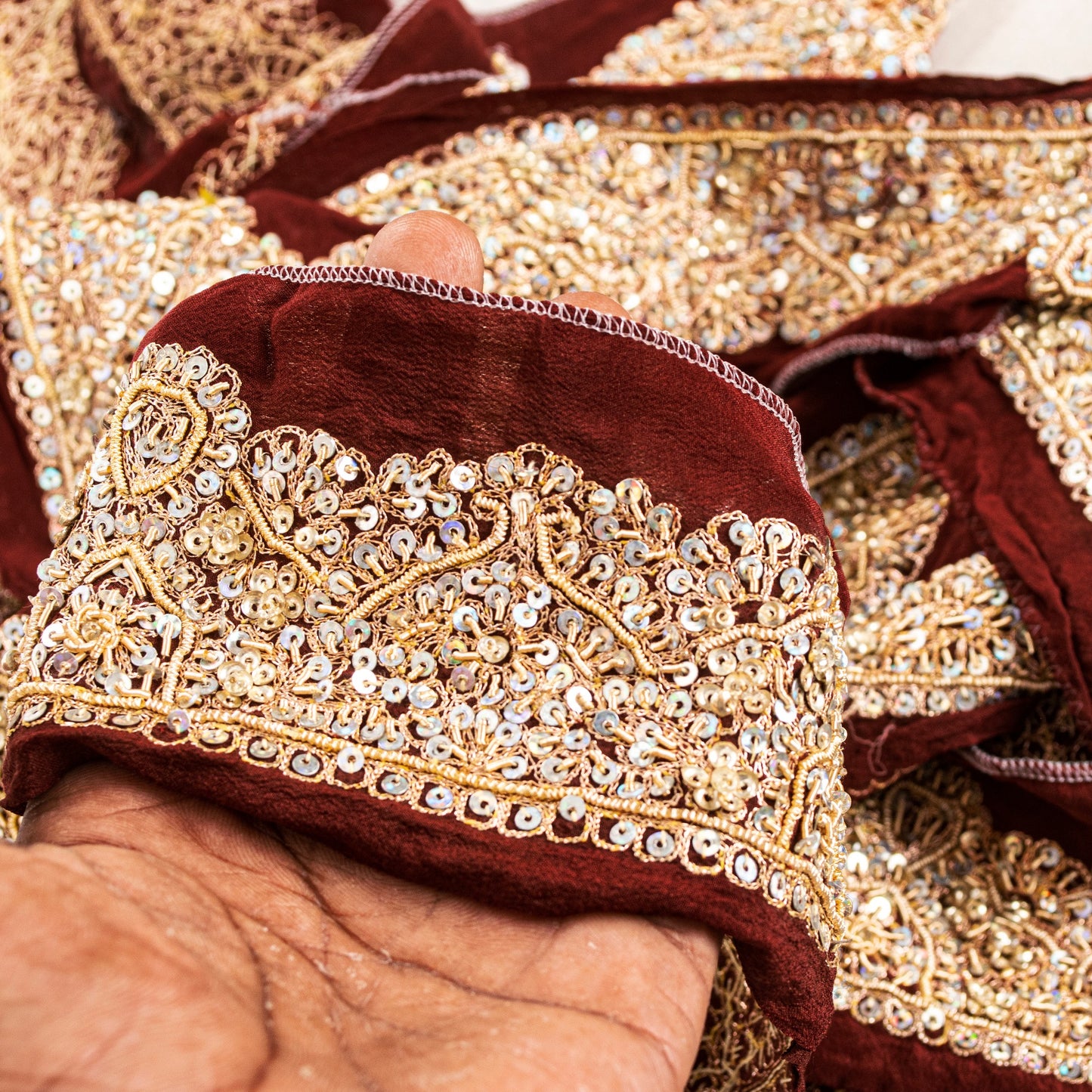 Sanskriti Vintage Saree Border Hand Beaded Craft 1YD Trims Lace 2W Brown